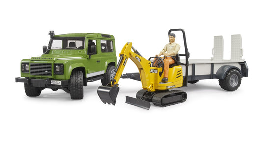 Bruder - Land Rover Defender with trailer, JCB excavator and man