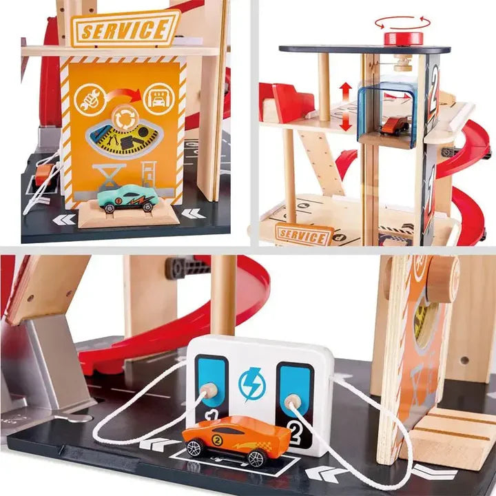 Hape Gearhead Stunt Garage Wooden High Rise Car Parking Lot