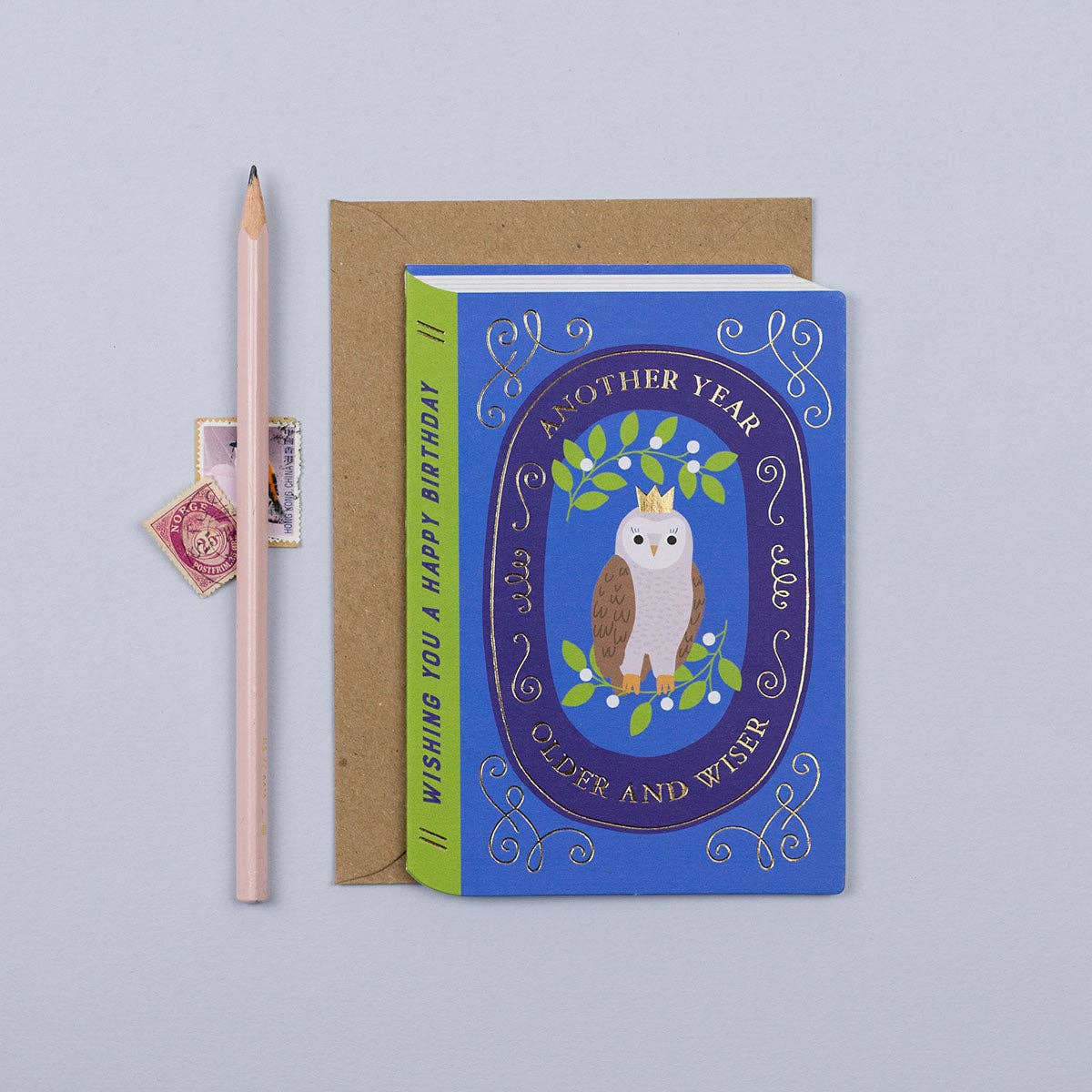 Whimsical Wise Owl Storybook Birthday Card with gold foil