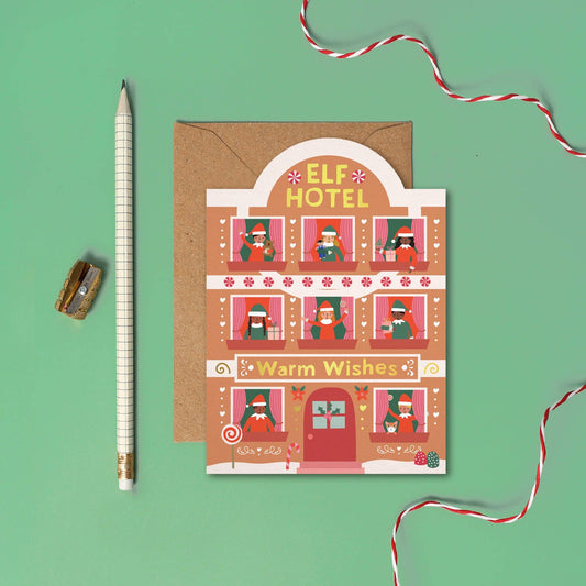 Elf Hotel Gingerbread Christmas Card
