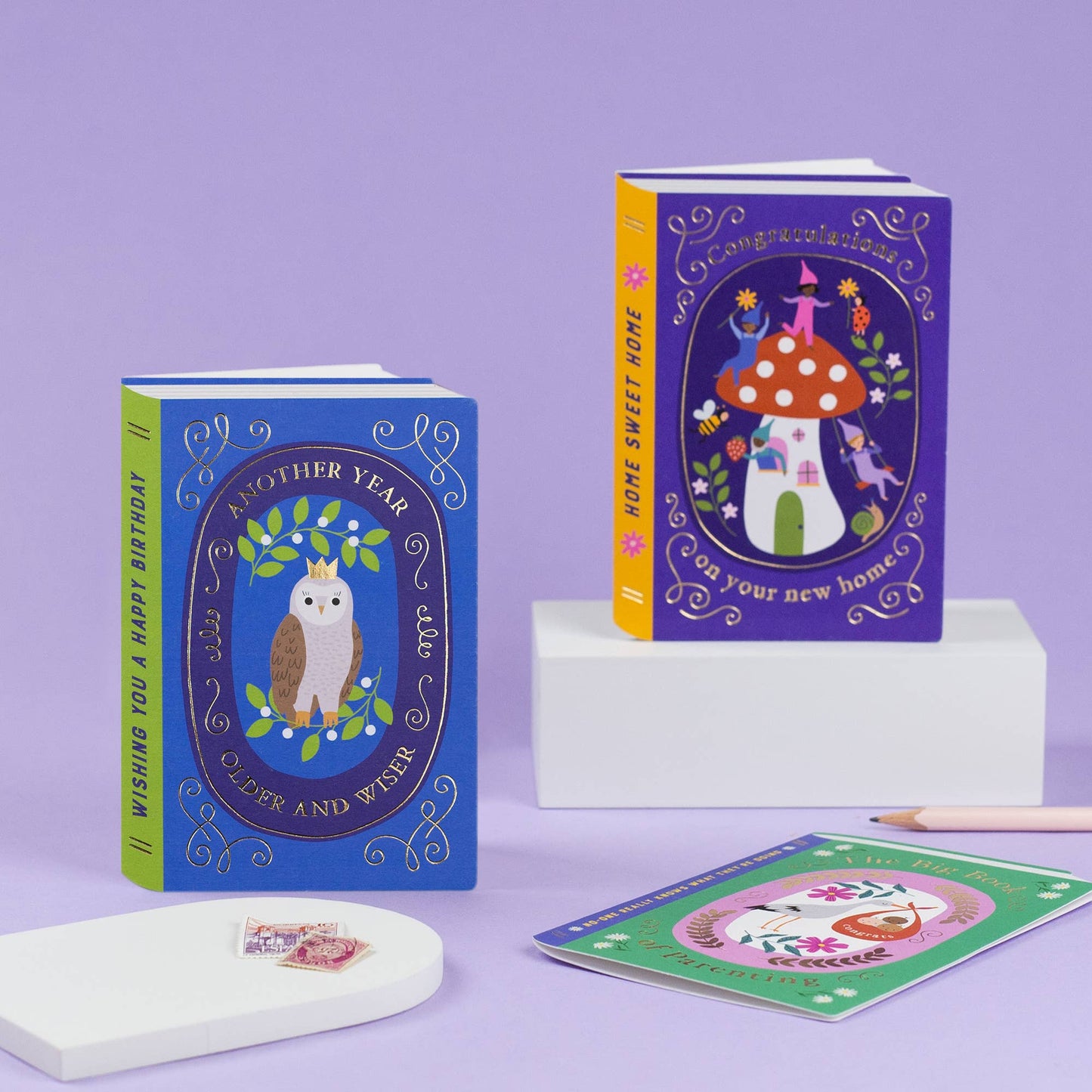 Whimsical Wise Owl Storybook Birthday Card with gold foil