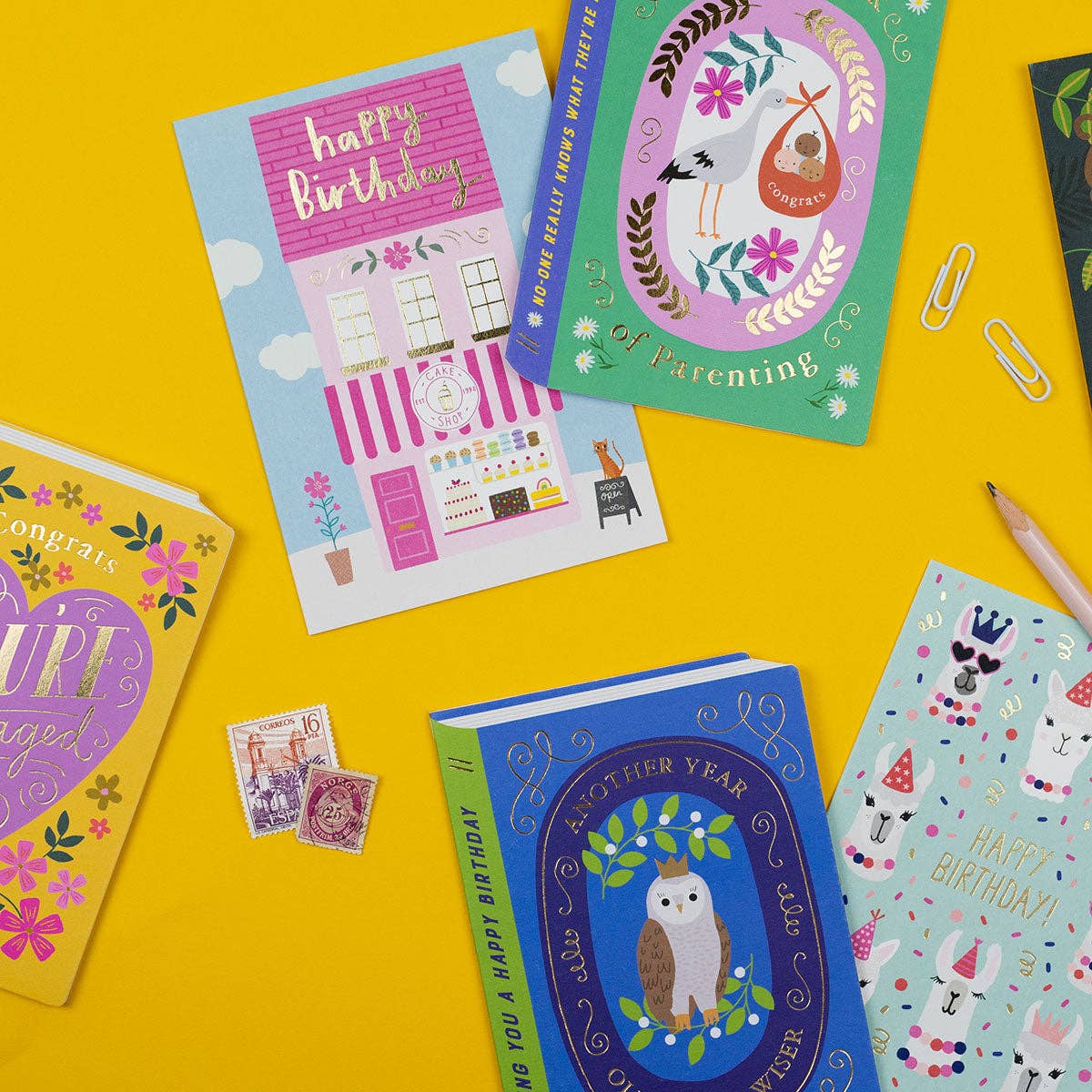 Whimsical Wise Owl Storybook Birthday Card with gold foil