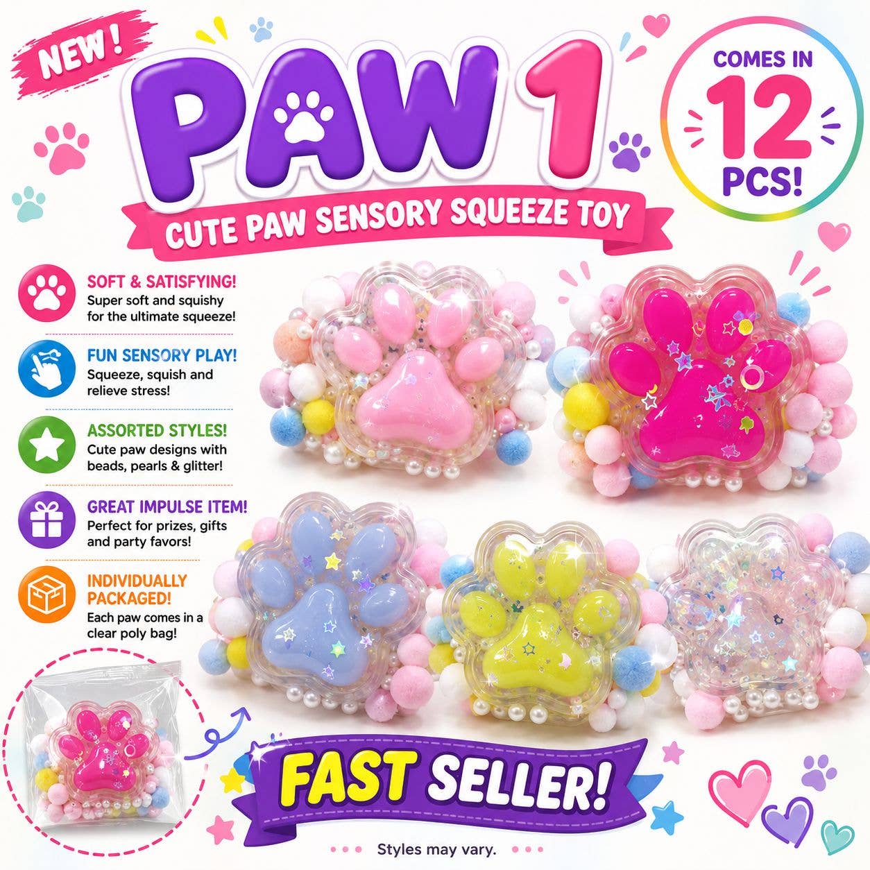 Paw #1 Cute Paw Sensory Squeeze Toy – Beads & Glitter