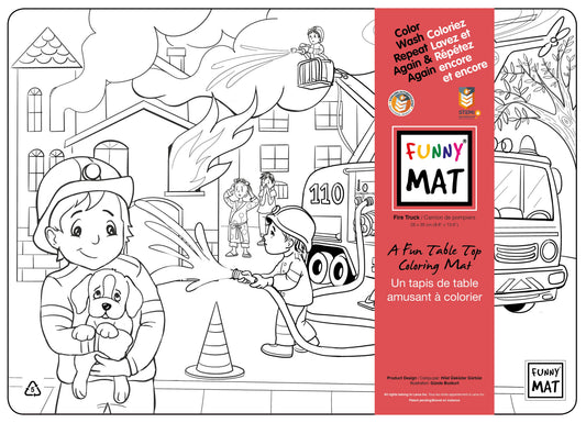 Table top coloring mat, compact size, firetruck
