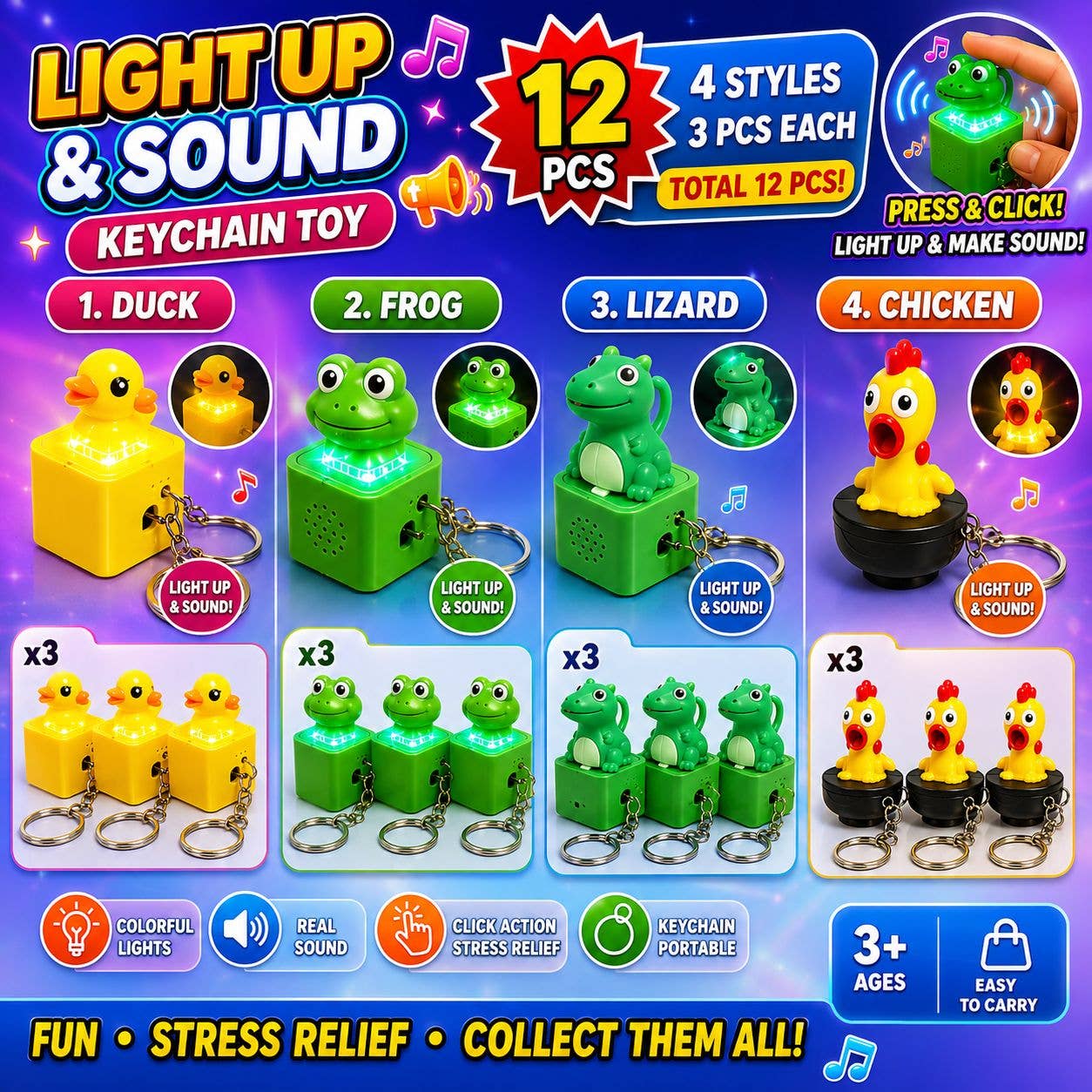 Light Up & Sound Stress Relief Keychain – Press-to-Click LED