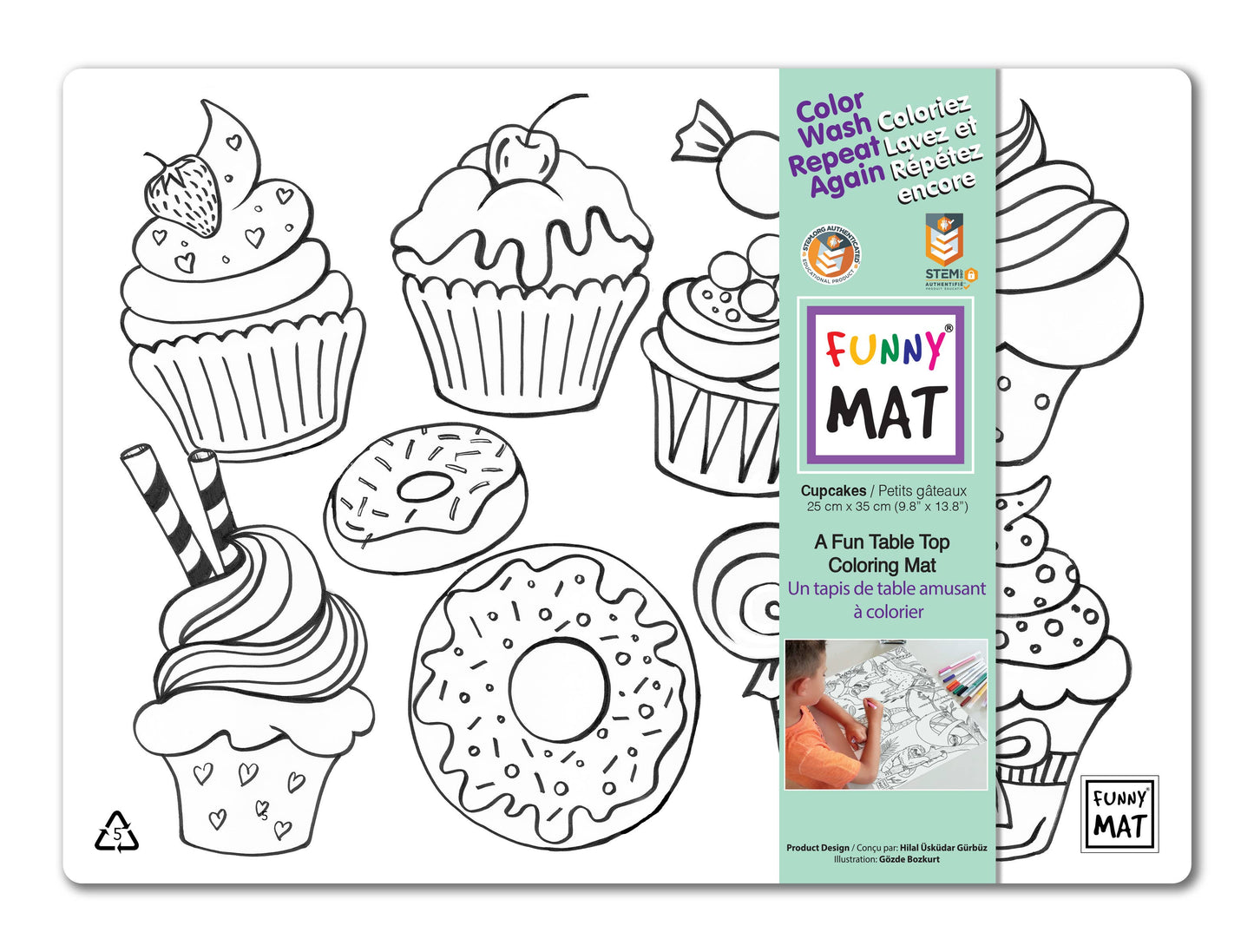 Table top coloring mat, compact size, cupcakes