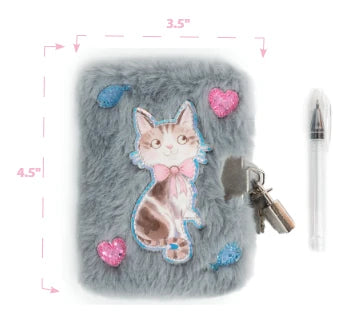 Grey Cat Cuddle Mini Furry Journal with Lock & Pen