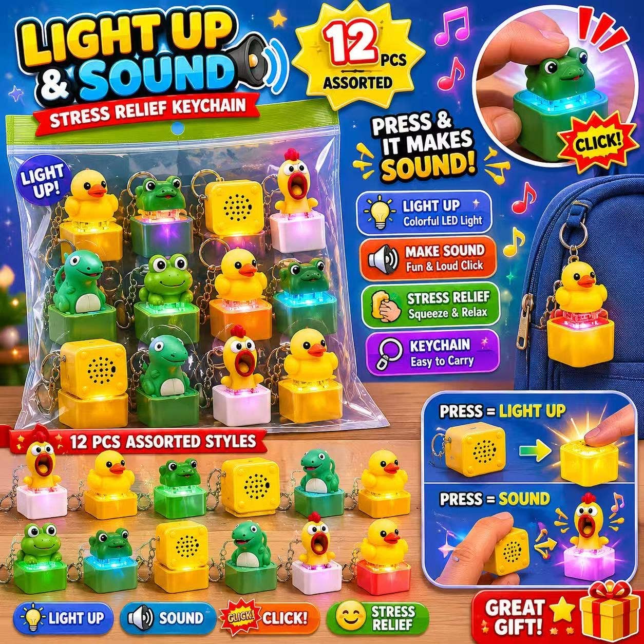 Light Up & Sound Stress Relief Keychain – Press-to-Click LED
