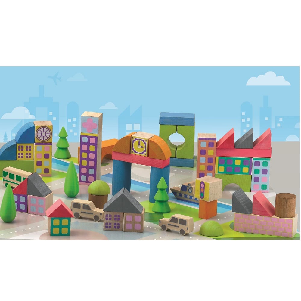 Jeujura Wooden Toys – Construction Set – Mini City – 50 Pieces