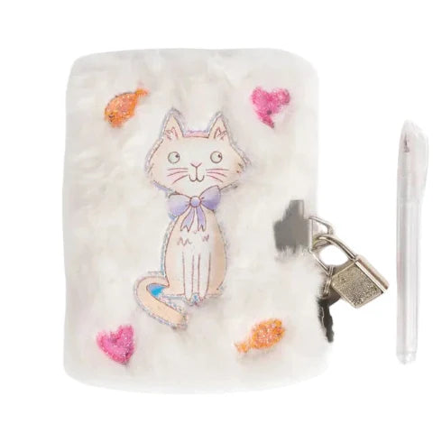Grey Cat Cuddle Mini Furry Journal with Lock & Pen