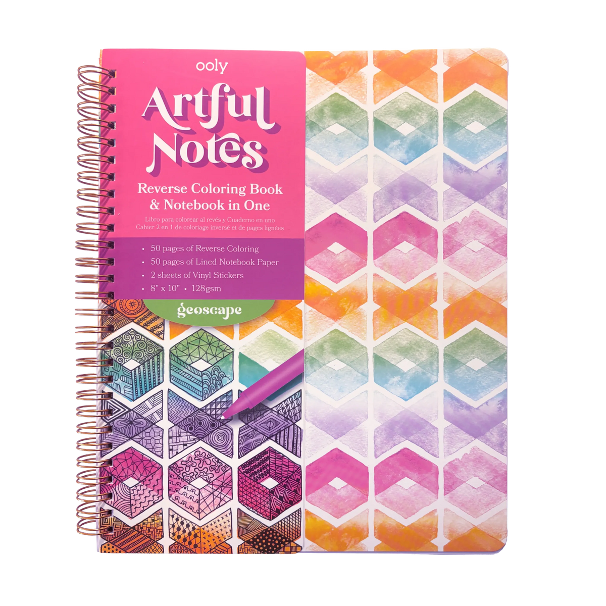 Artful Notes Reverse Coloring Notebook - Geoscape - 100 Pages 2 Sticker Sheets