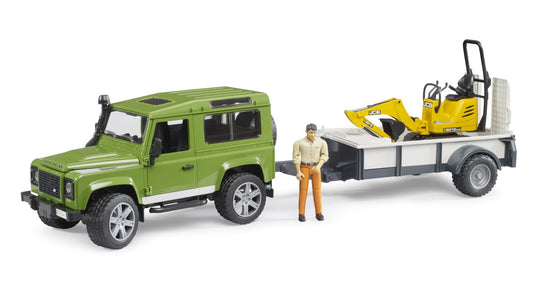 Bruder - Land Rover Defender with trailer, JCB excavator and man