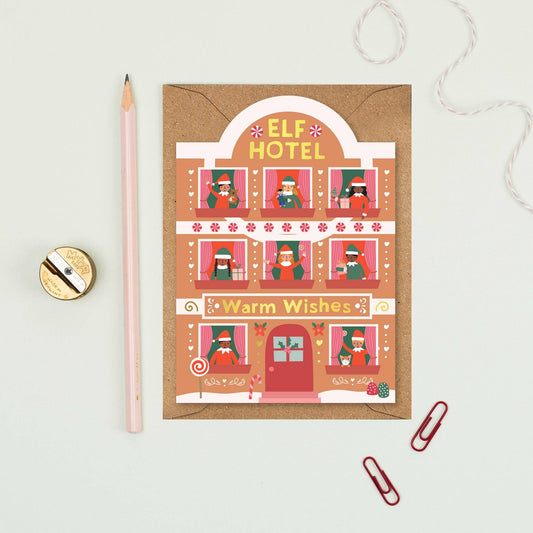 Elf Hotel Gingerbread Christmas Card