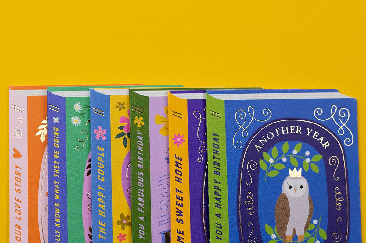 Whimsical Wise Owl Storybook Birthday Card with gold foil